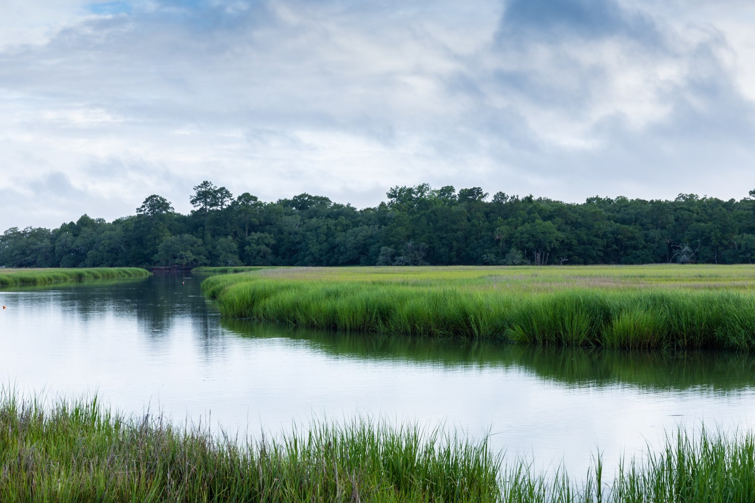 Serene river scene with grassy banks under a cloudy sky.