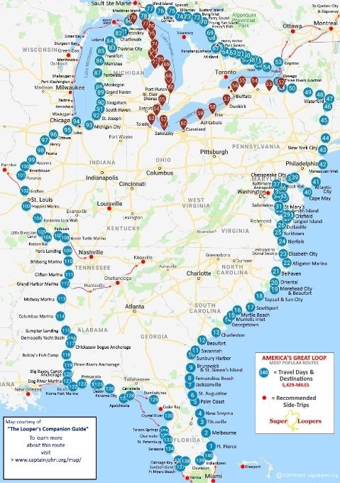 Map of America's Great Loop route with numbered stops in the eastern US.