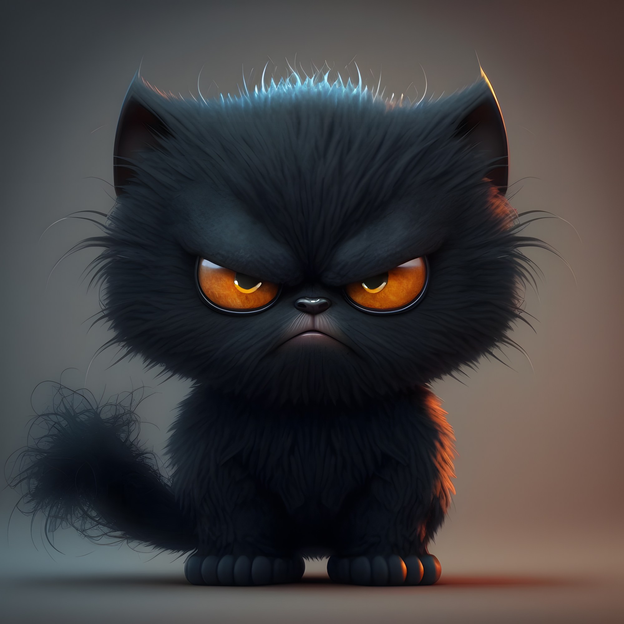 Cartoonish black cat with orange eyes and an angry expression, sitting against a gradient background.