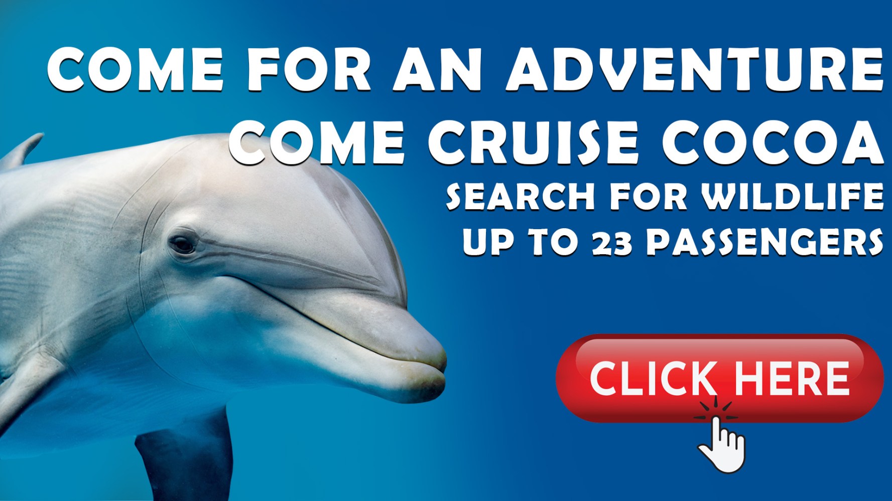 Dolphin with text: 'Come for an adventure, Cruise Cocoa, Search for Wildlife, Up to 23 passengers, Click Here'