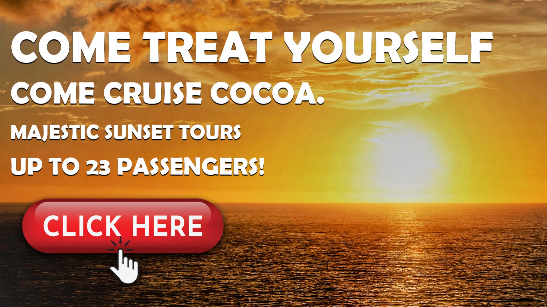 Sunset over ocean with text promoting cruise tours and a 'Click Here' button.