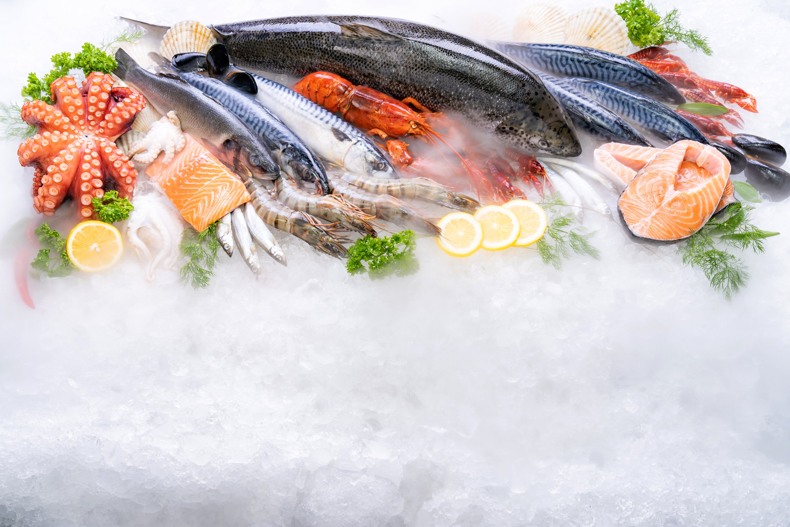 Assorted seafood on ice, including fish, octopus, shrimp, and lemon slices.
