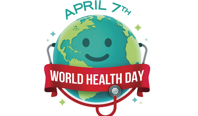 Smiling Earth with stethoscope, red banner 'World Health Day,' and date 'April 7th.'