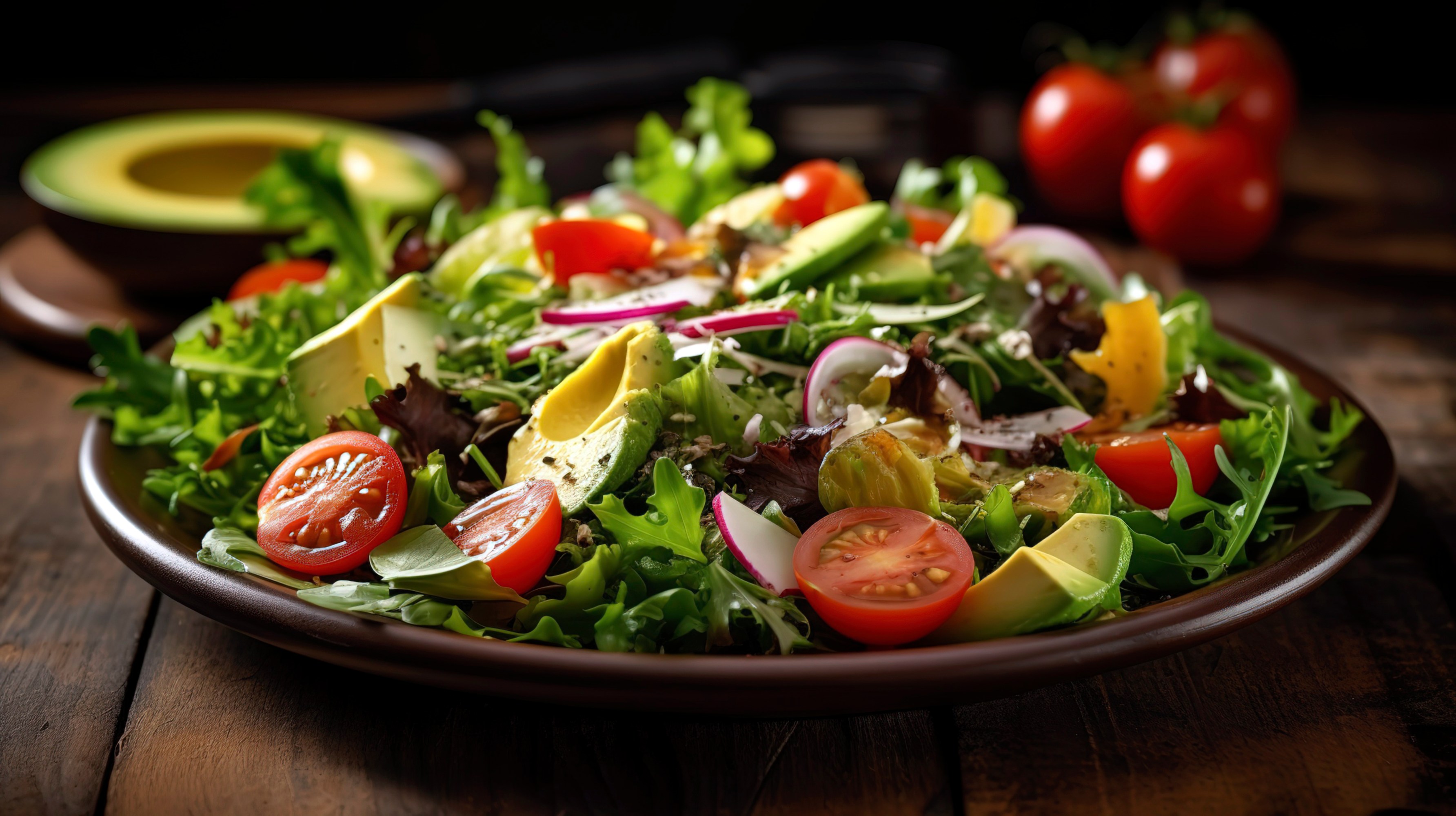 Colorful salad with avocado, cherry tomatoes, and mixed greens on a wooden table.