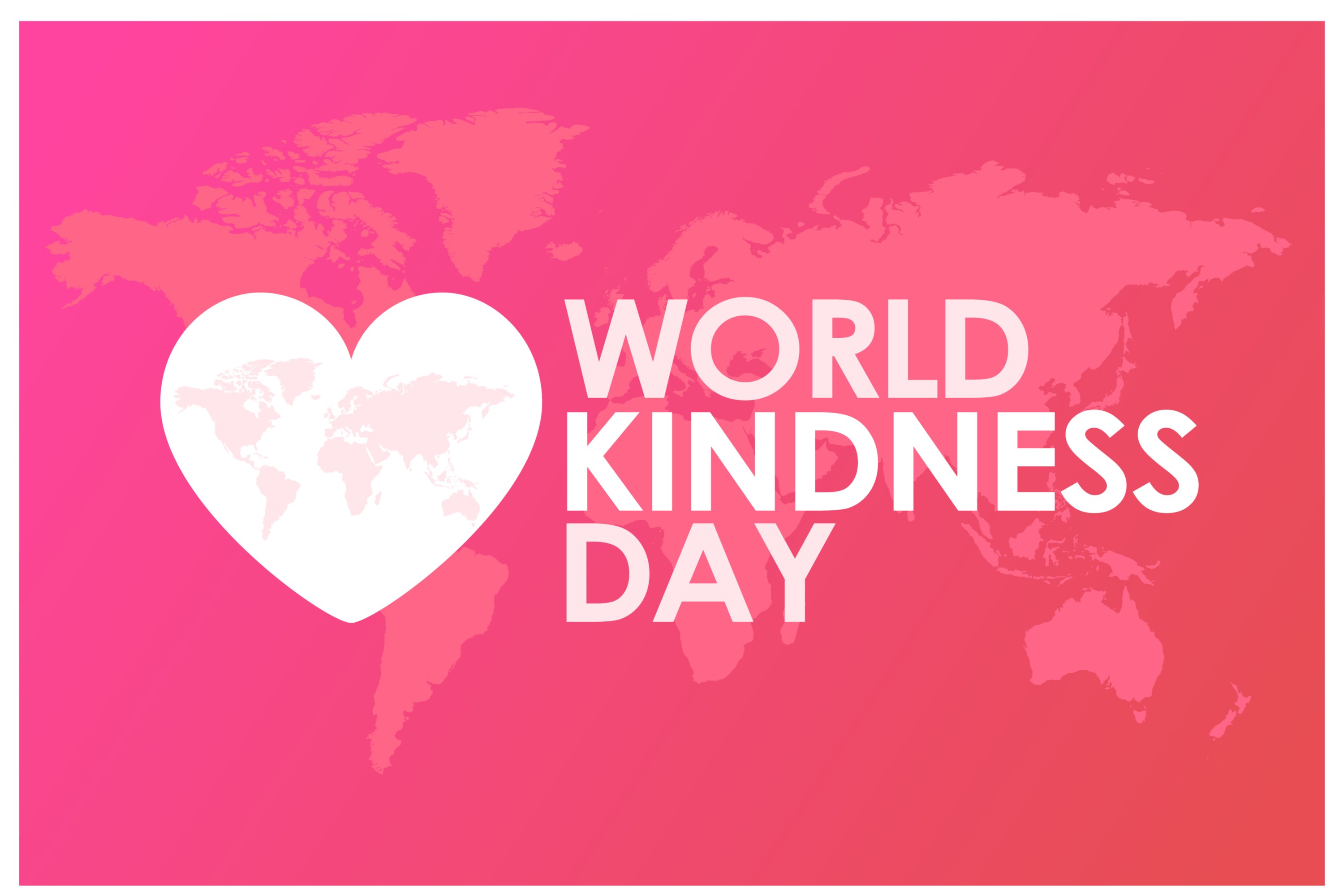 World Kindness Day text on pink background with heart and world map.