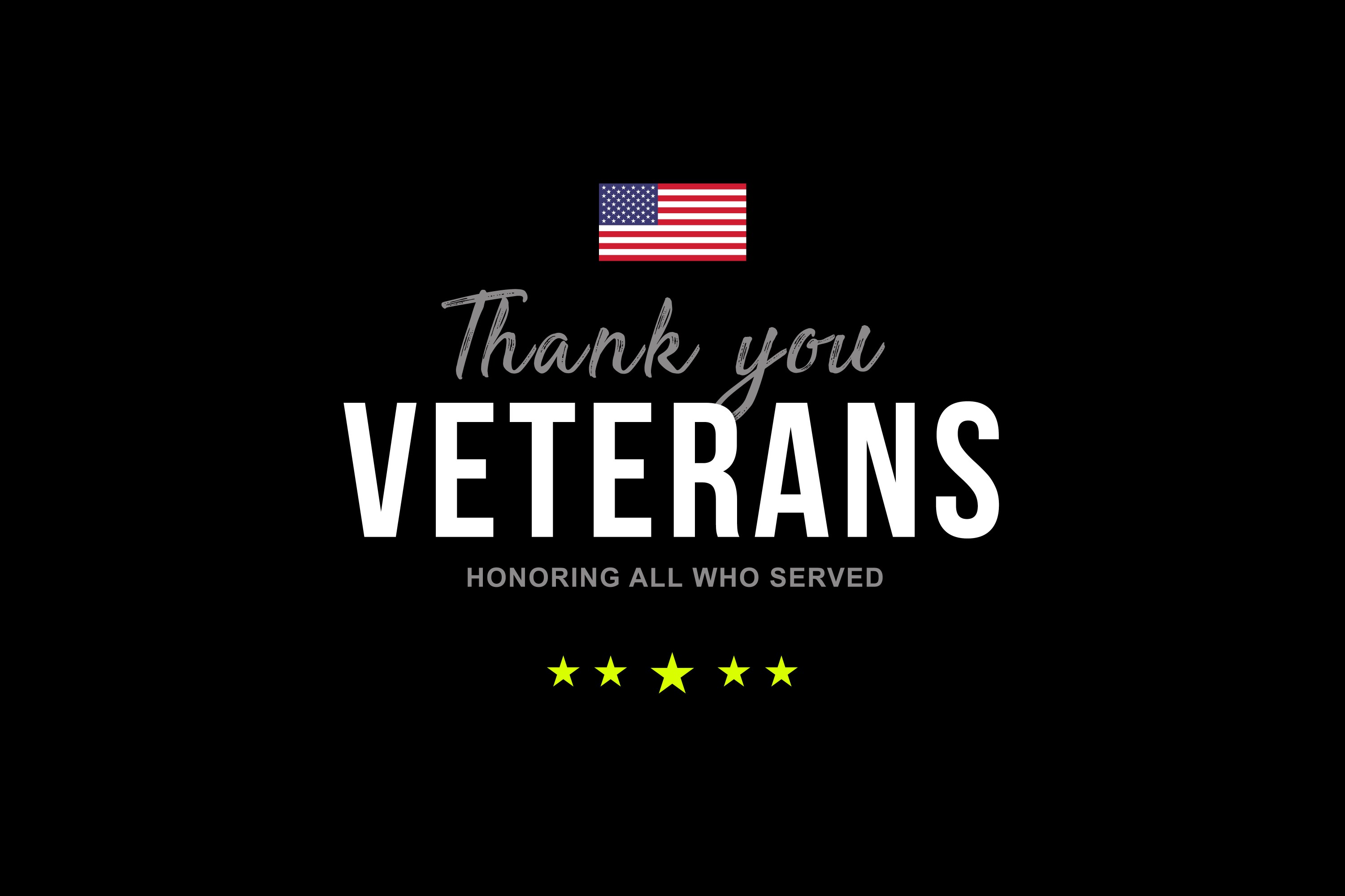 Text 'Thank you Veterans' with flag and stars on black background.