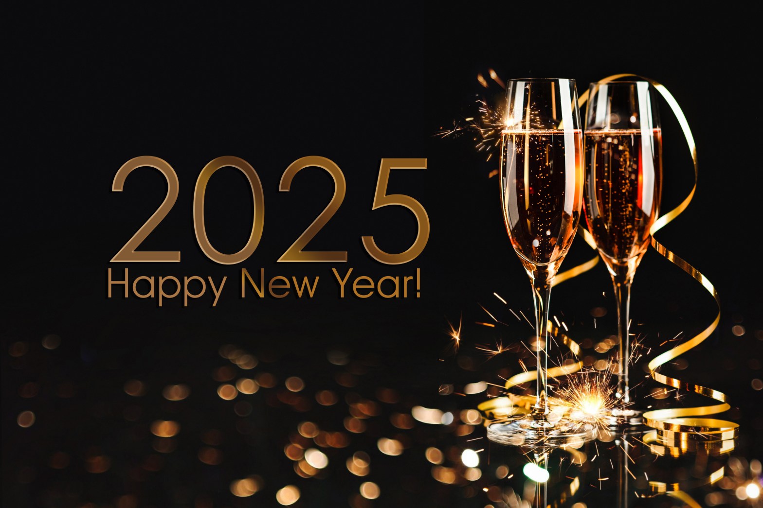 2025 Happy New Year! with champagne glasses and golden ribbons on black background.