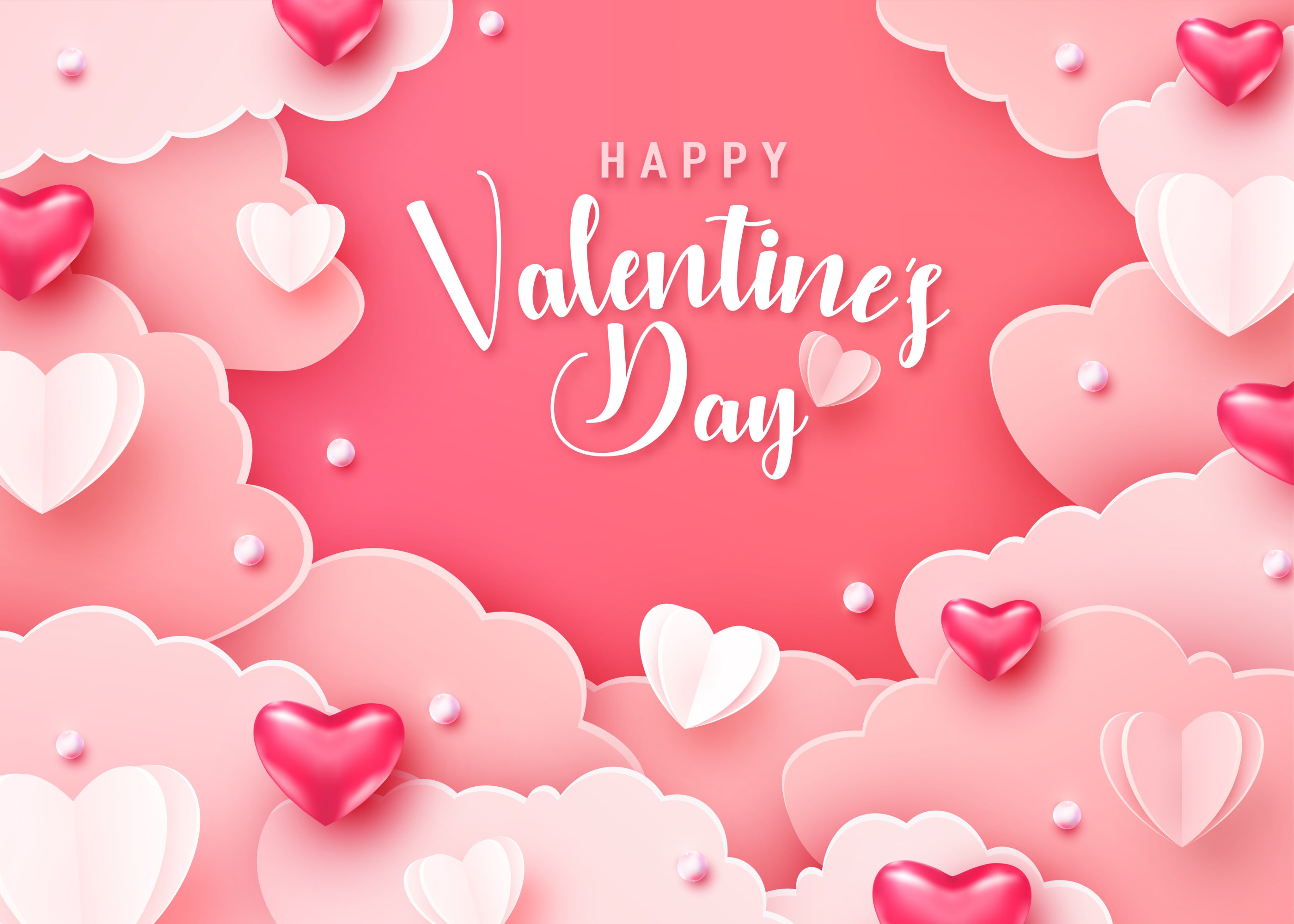 Valentine's Day card with pink and white hearts and clouds on a pink background.