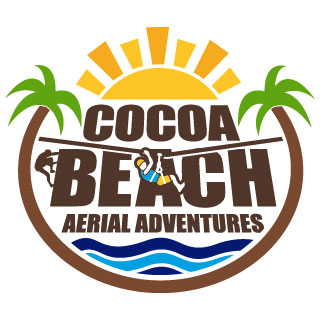 Logo for Cocoa Beach Aerial Adventures with palms, sun, waves, and zipline.