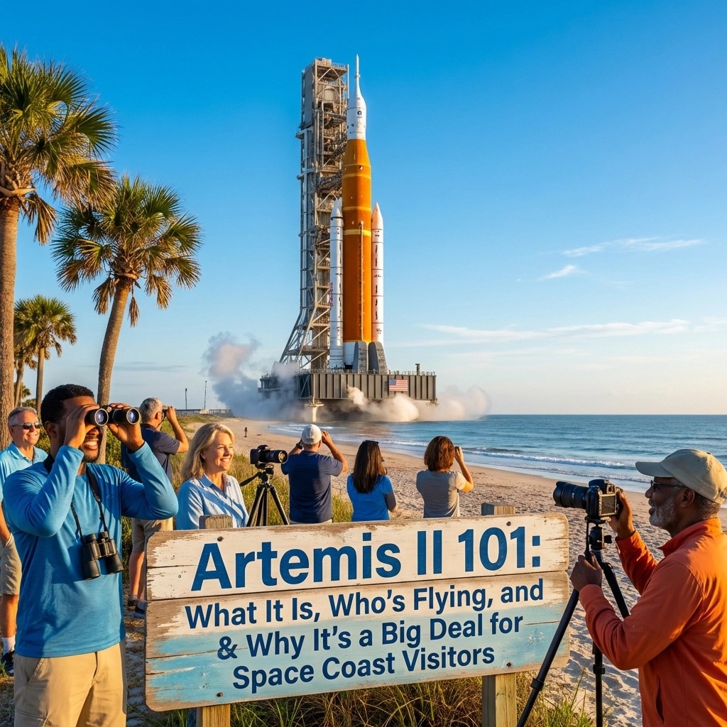 People watch rocket launch near beach with sign 'Artemis II 101'.