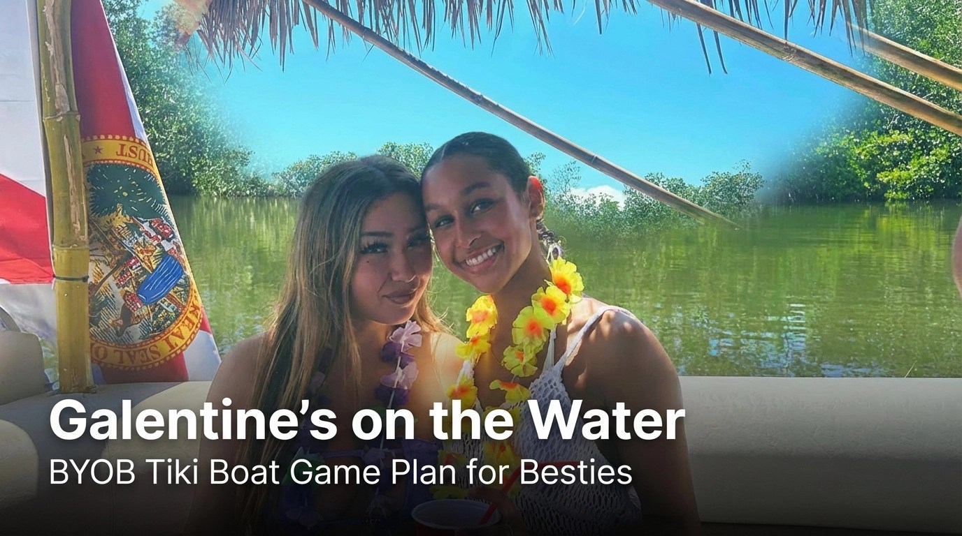 Two women smiling on a tiki boat with leis, greenery in the background.