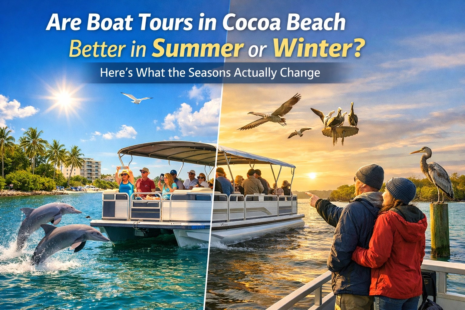Split image: summer boat tour with dolphins, winter tour with birds in Cocoa Beach, text about seasonal differences.
