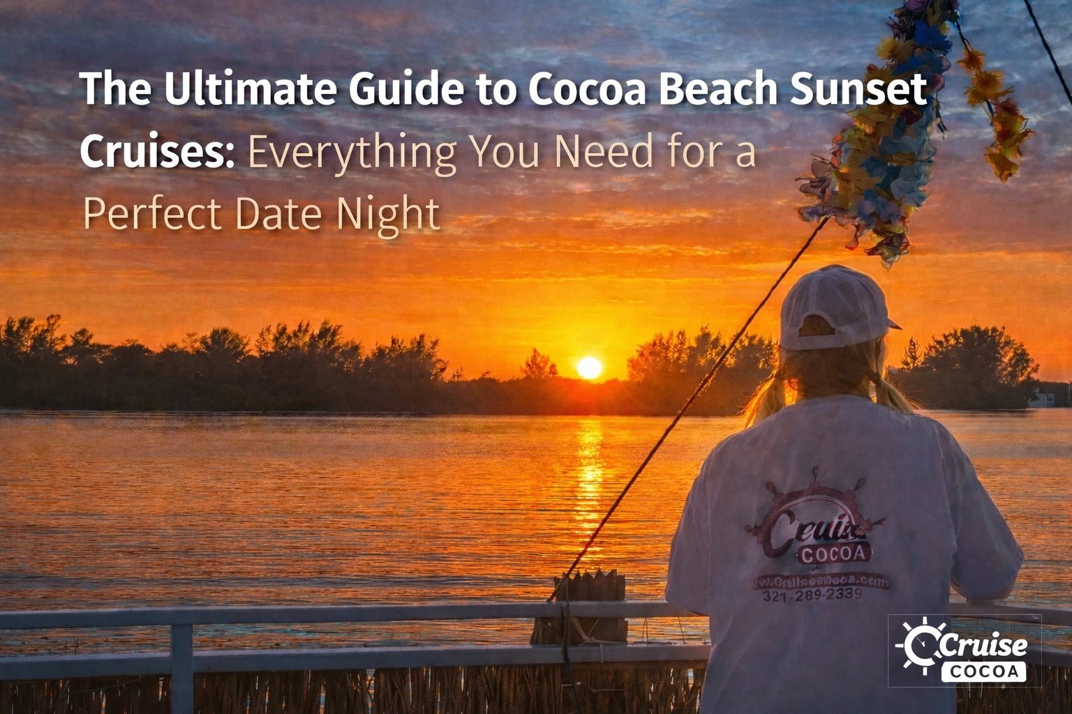 Person on boat watching sunset over water with text about Cocoa Beach sunset cruises.
