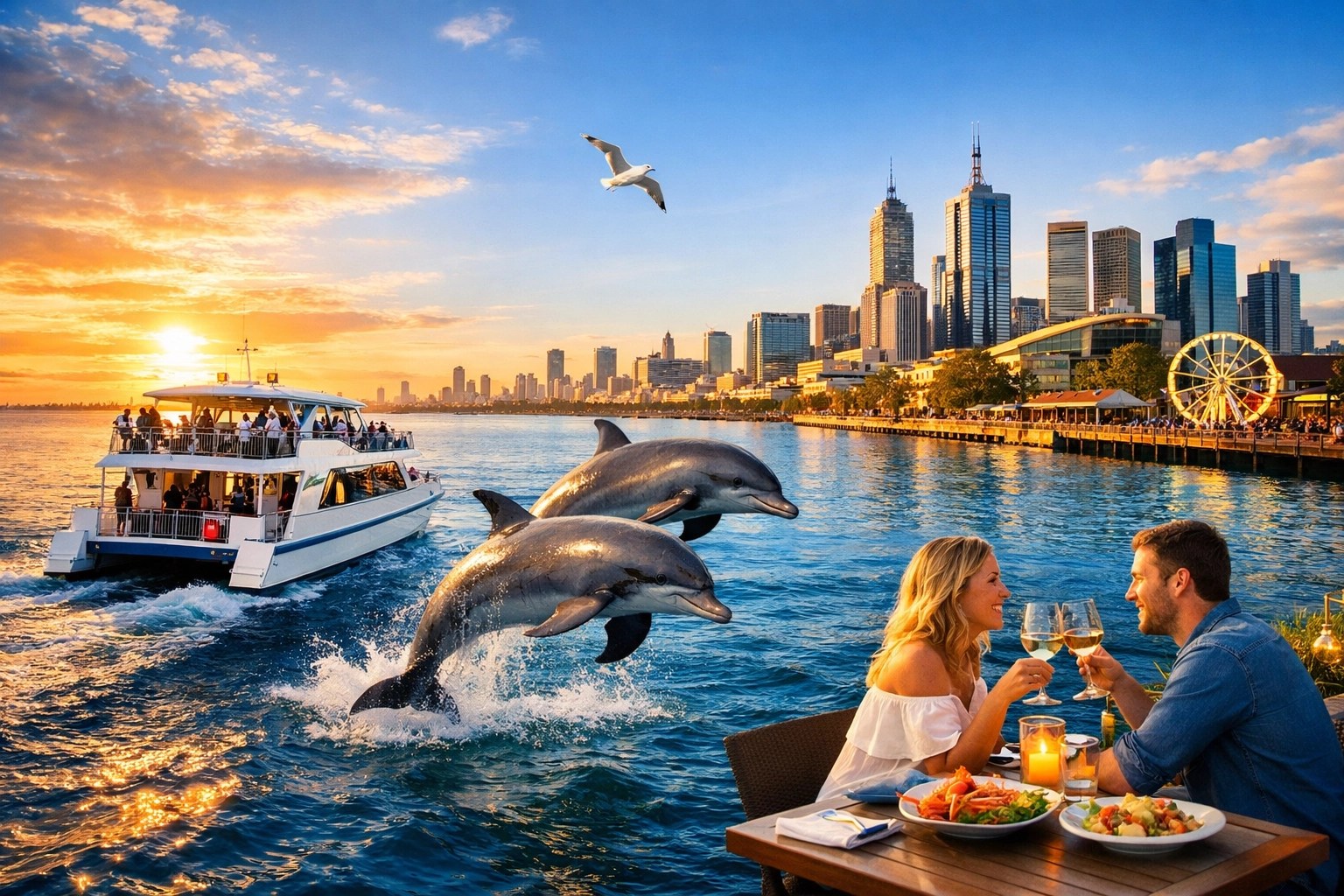 Couple dining by waterfront, dolphins jumping, boat, and city skyline at sunset.