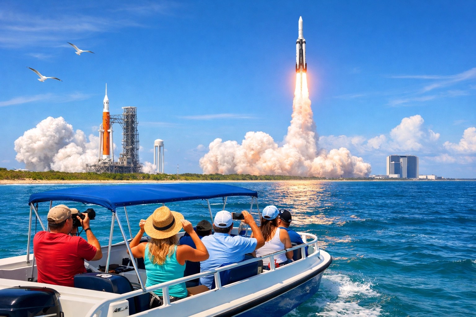 People on a boat watching a rocket launch near the ocean with a blue sky.