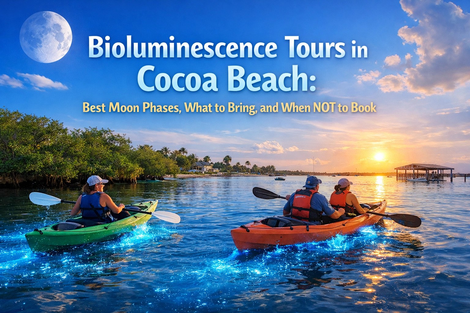 Two kayaks on glowing water at sunset with text: 'Bioluminescence Tours in Cocoa Beach.'