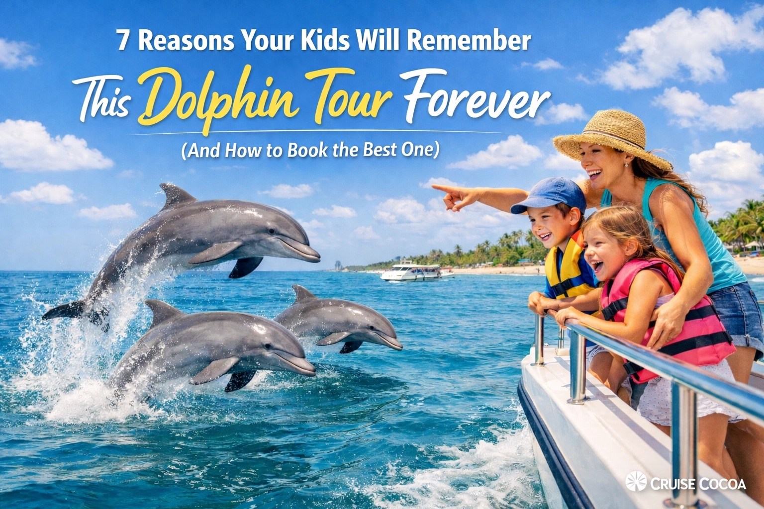 Family excitedly watches dolphins jumping near their boat on a sunny day.