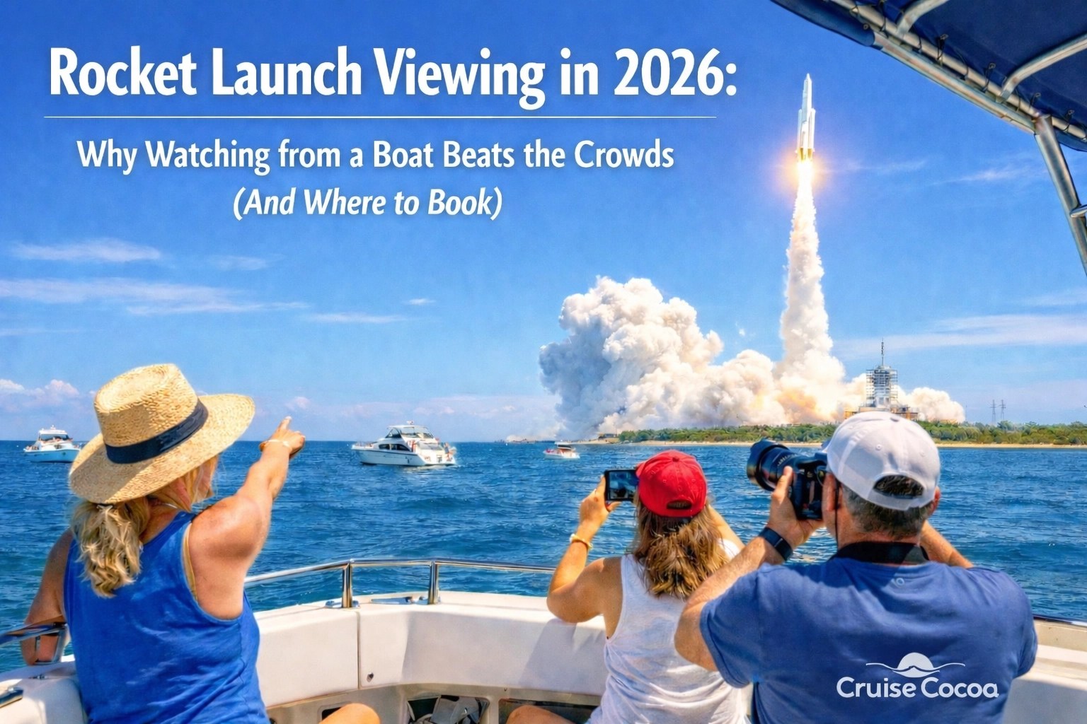 People on a boat watch a rocket launch with cameras, enjoying a clear sky view.