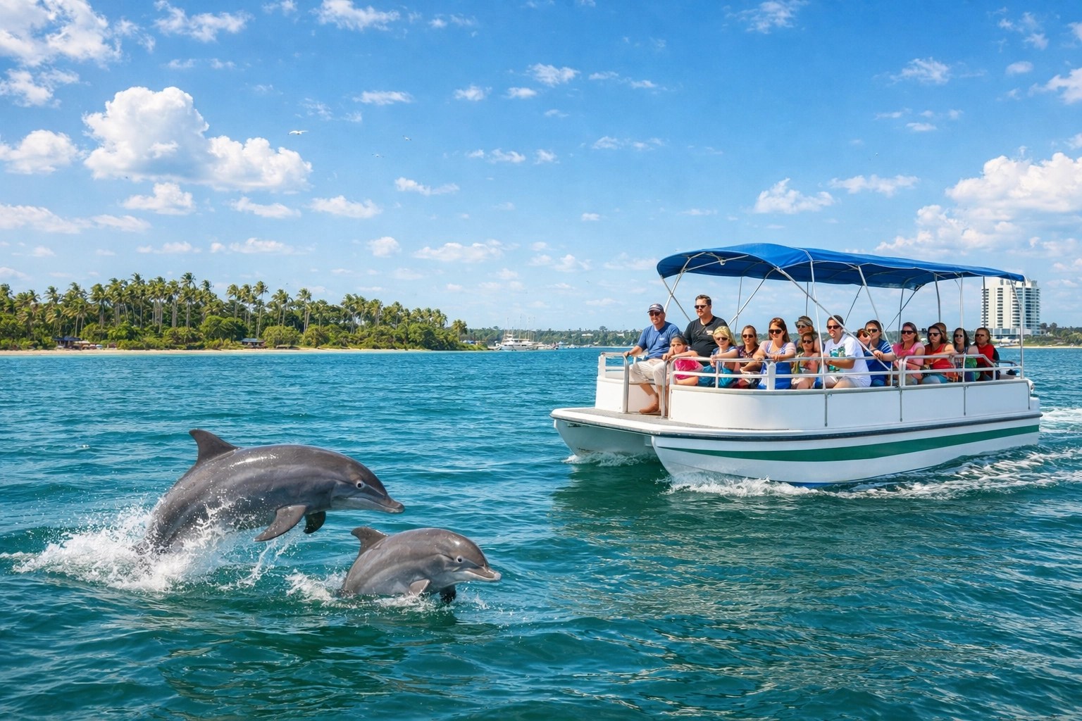 Boat with people watching two dolphins jumping in the sea on a sunny day.