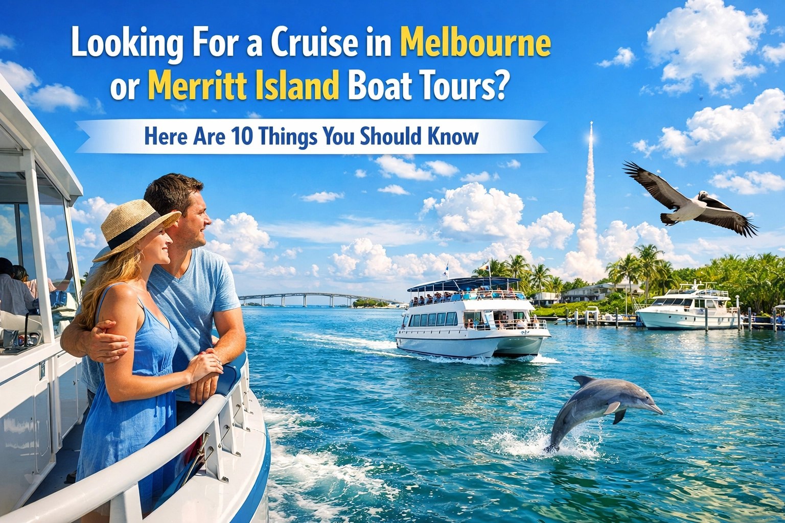 Couple on boat, dolphin jumping, and bird flying in a sunny coastal scene with text about cruises.