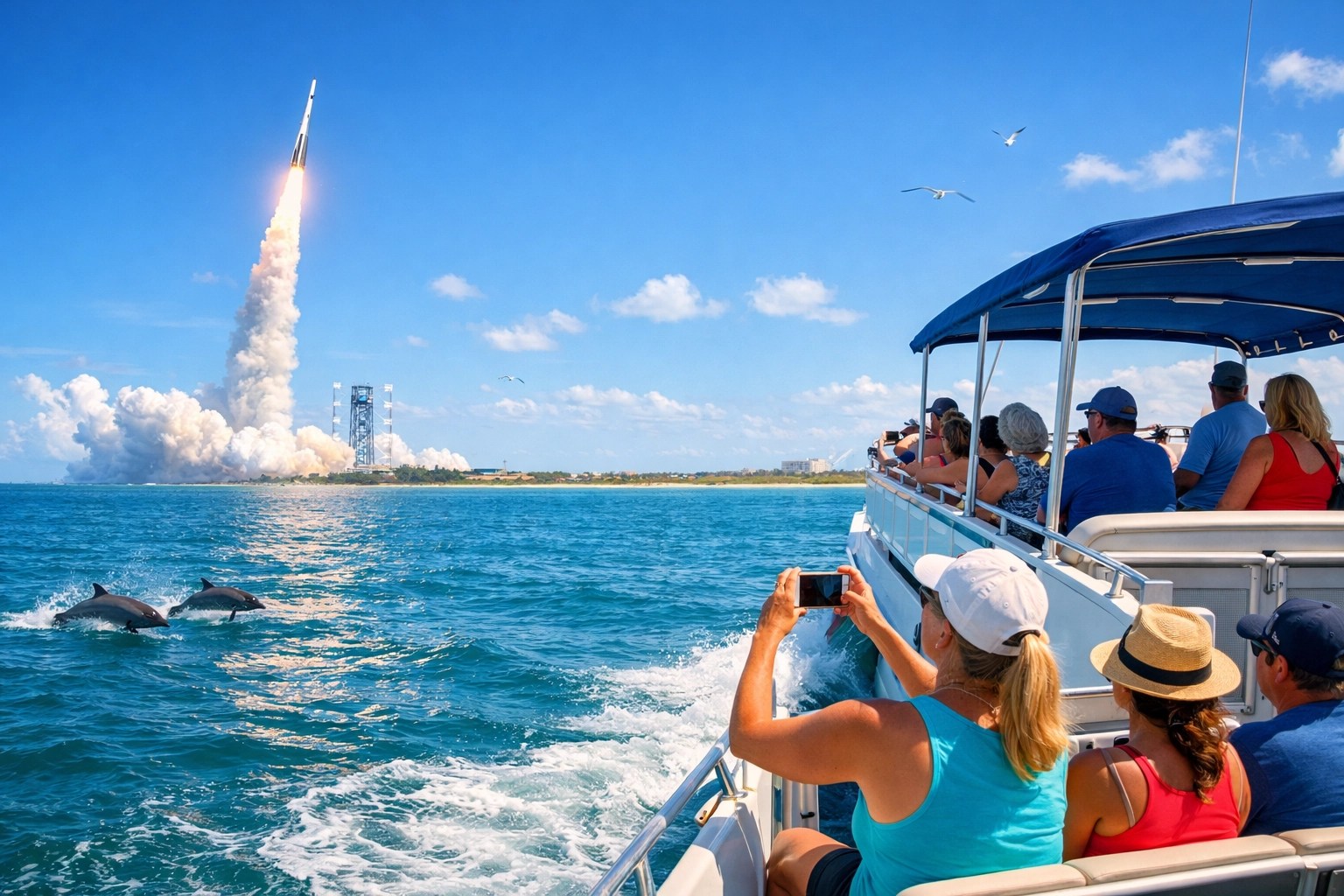 Boat passengers watching a rocket launch with dolphins swimming nearby in blue ocean.