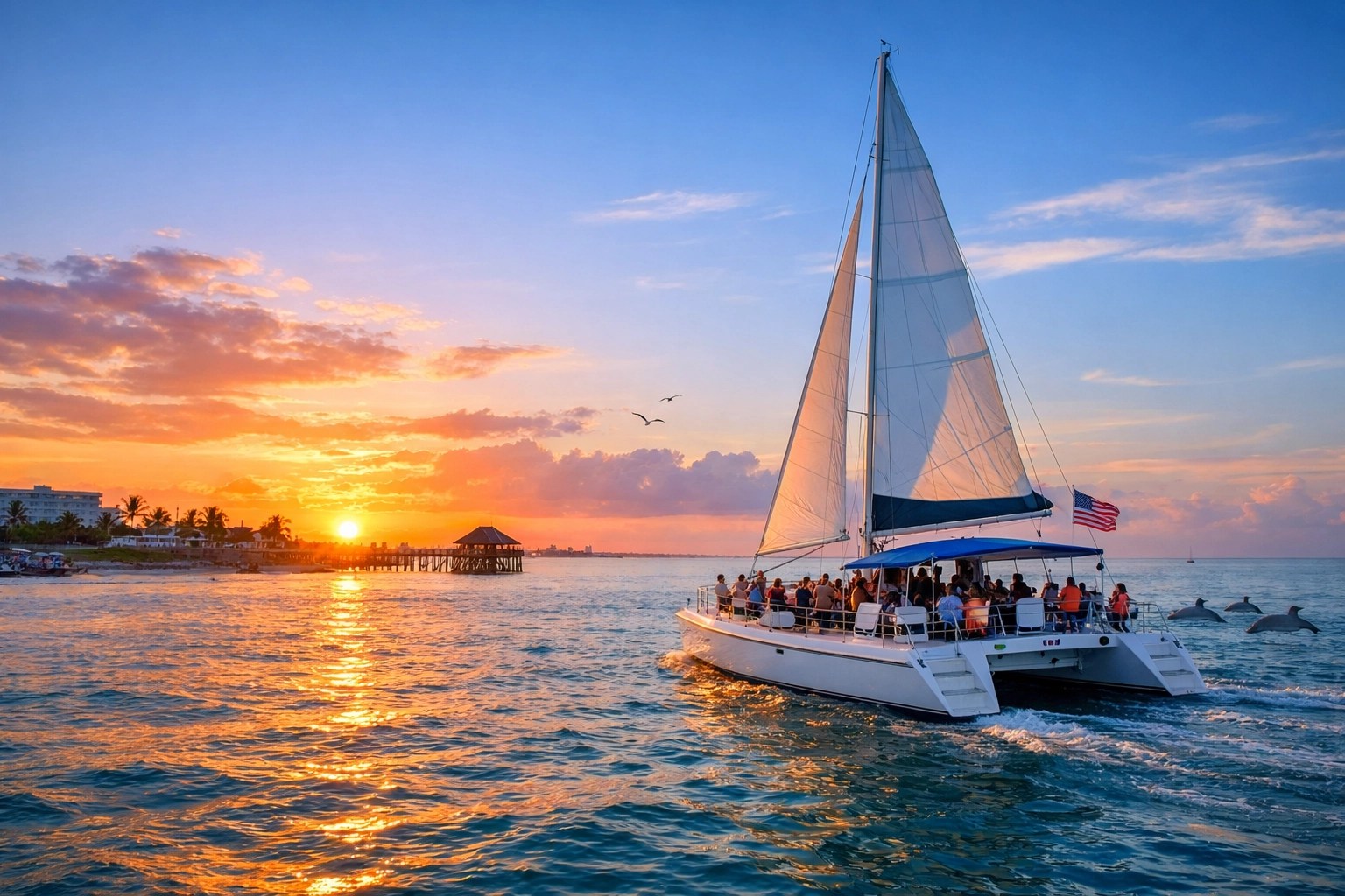 Catamaran with people sailing at sunset, with dolphins in the water and a colorful sky.