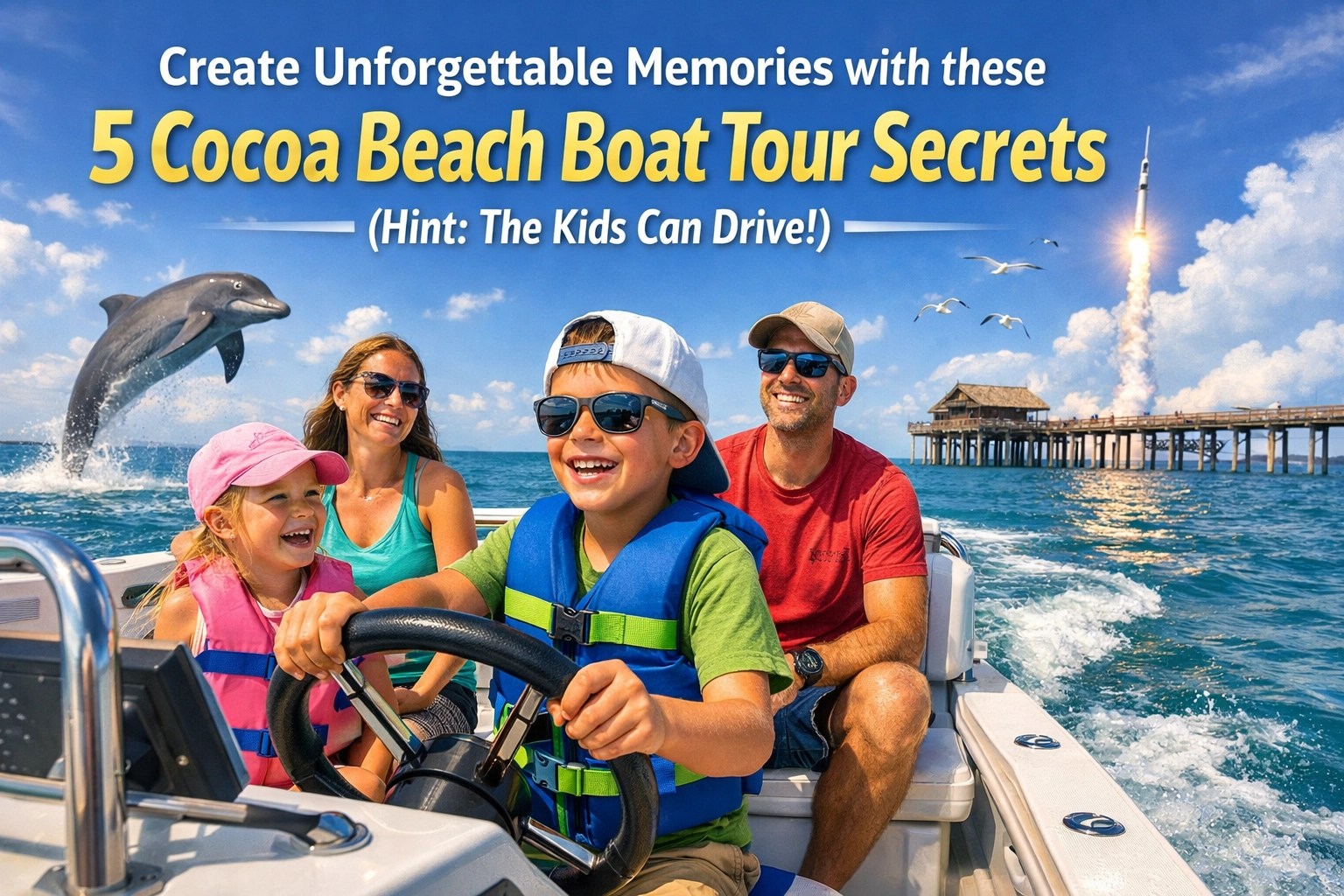 Family on a boat tour with a dolphin jumping, a rocket launch, text about Cocoa Beach Boat Tour Secrets.