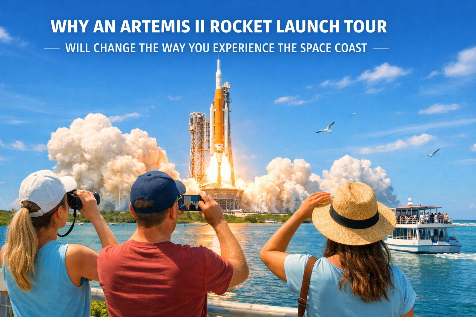People watching an Artemis II rocket launch by a waterfront with a boat and blue sky.