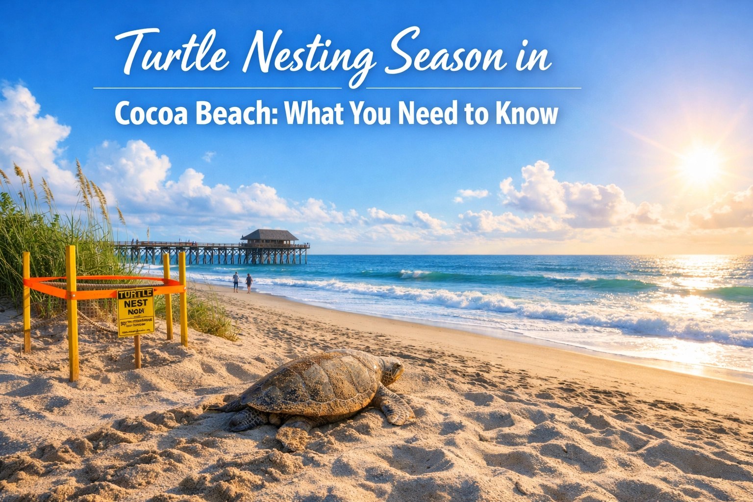 Turtle on sandy beach with nesting area sign, Cocoa Beach pier and ocean in background under sunny sky.