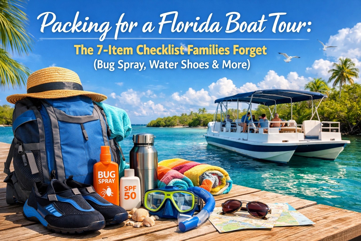 Beach gear on a dock with a boat in tropical water, with text about packing for a Florida boat tour.