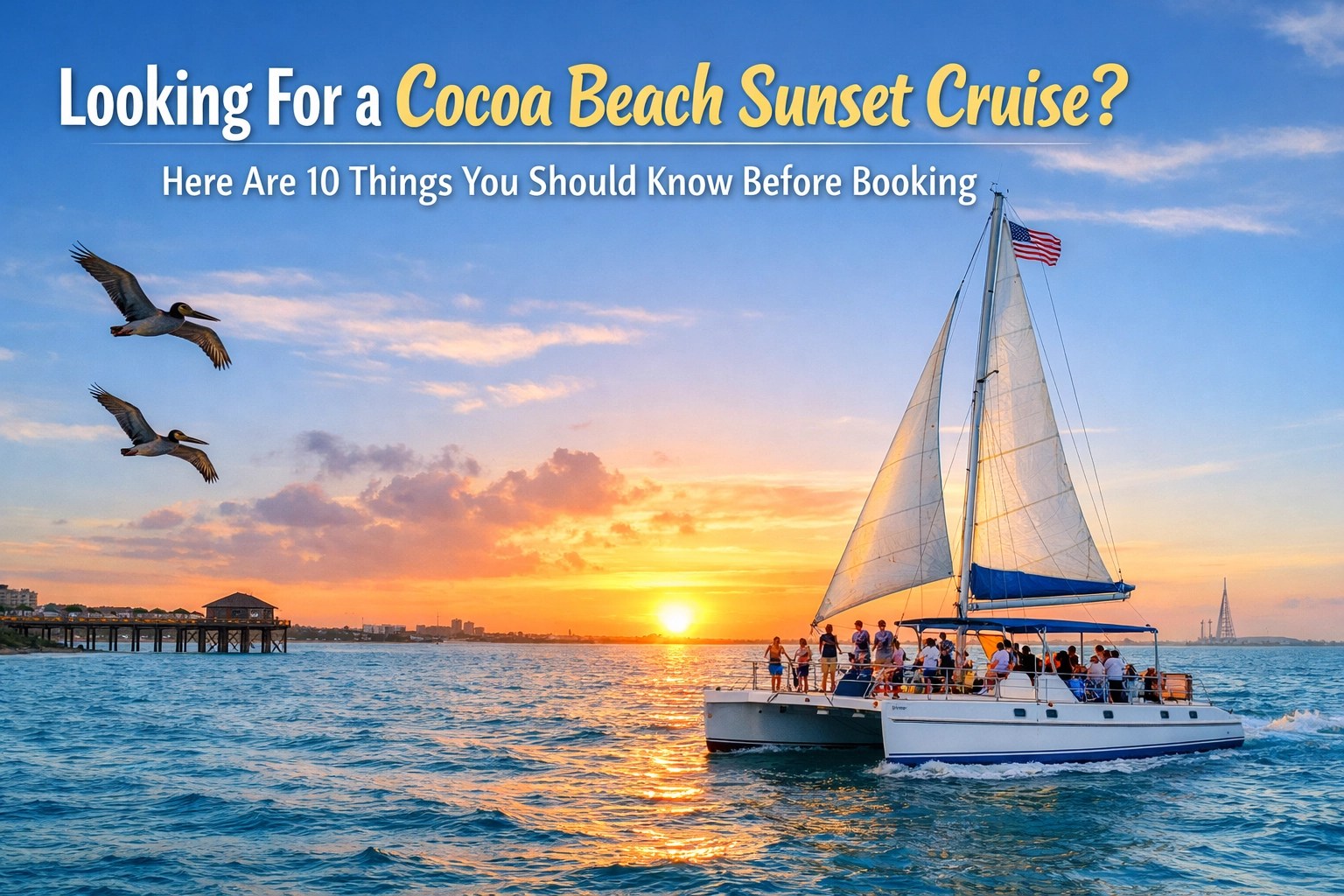 Sailboat at sunset with people onboard and flying birds, promoting a Cocoa Beach sunset cruise.