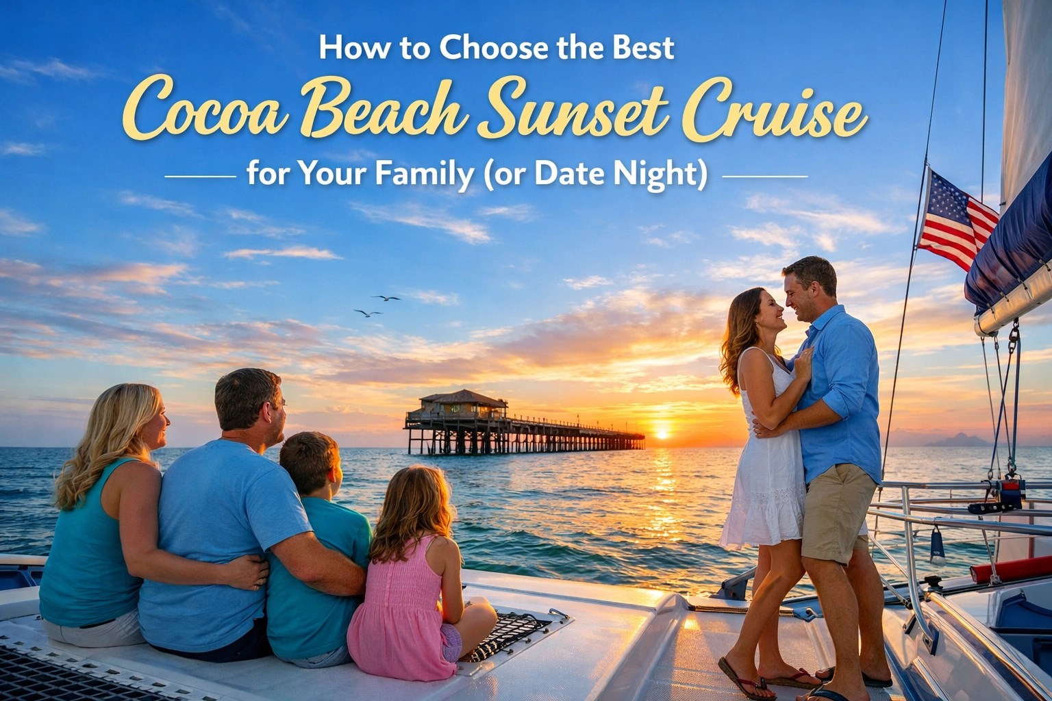 Couple embracing on a boat at sunset with family watching, text: How to Choose the Best Cocoa Beach Sunset Cruise.