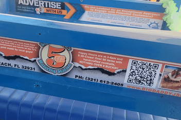 Advertisement for a bar with logo, QR code, and contact info on a blue background.
