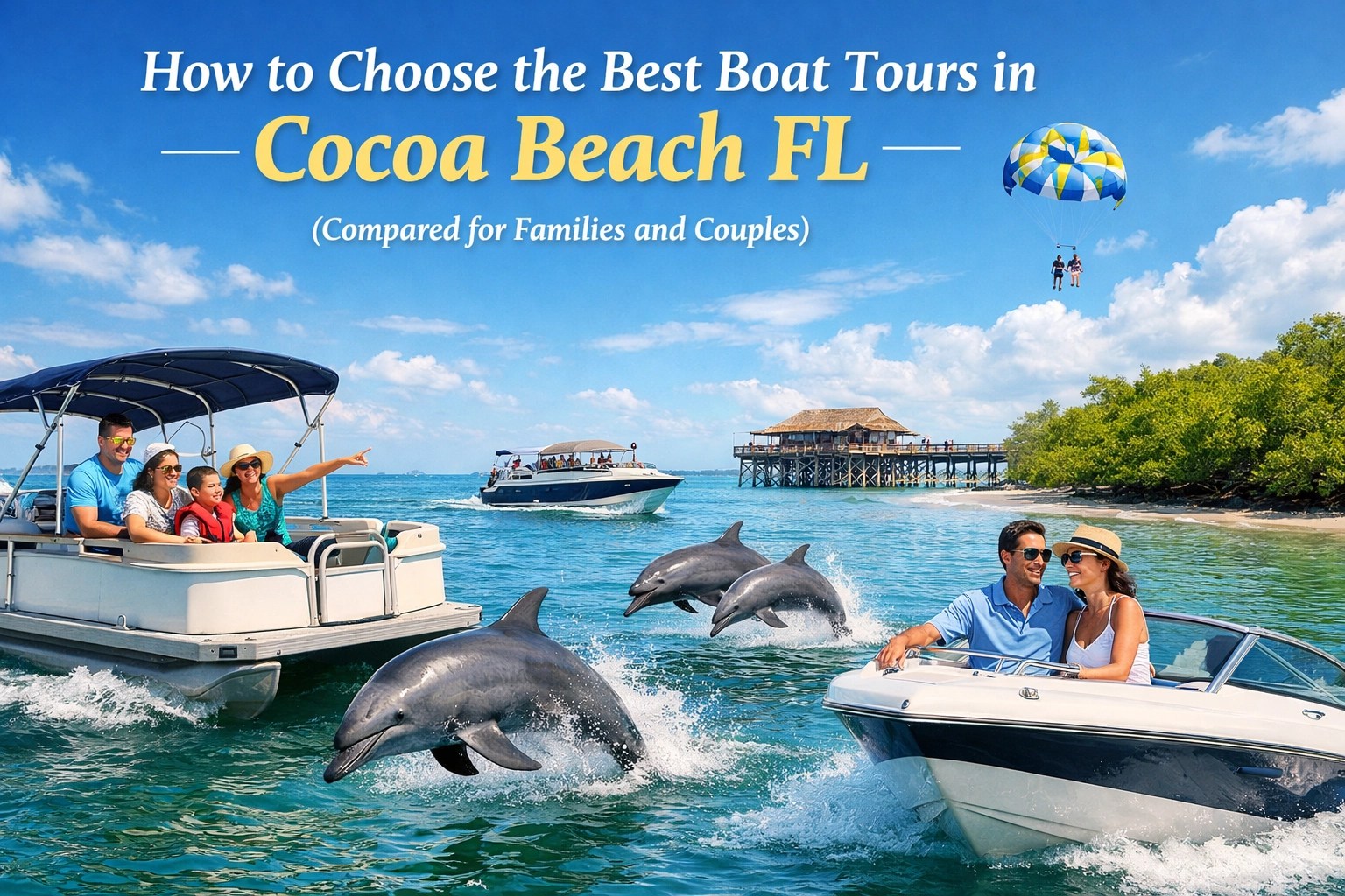 Boats with people and dolphins in Cocoa Beach, FL, with text about choosing boat tours.