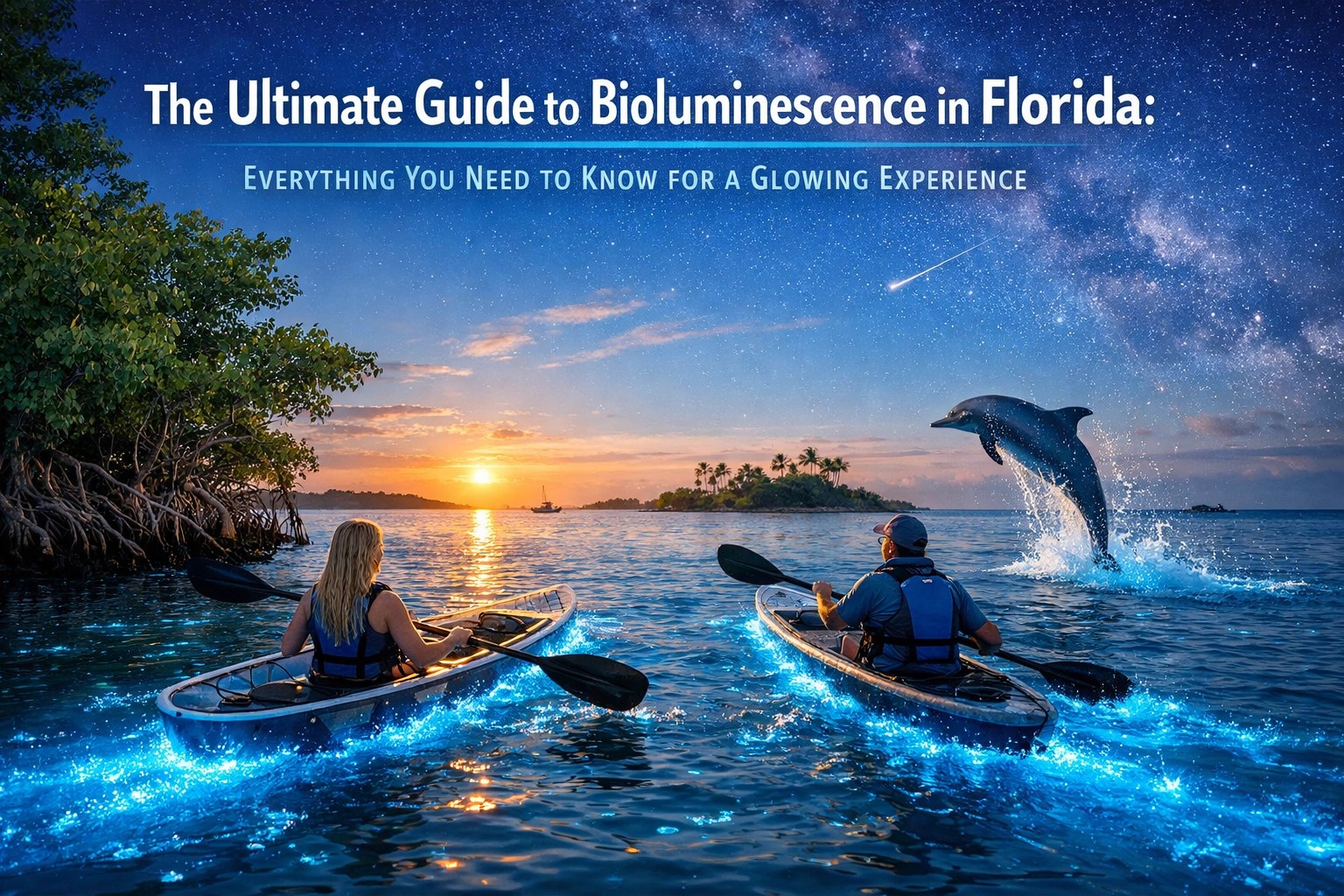 Two people kayaking on bioluminescent water near islands at sunset, with a dolphin jumping nearby.