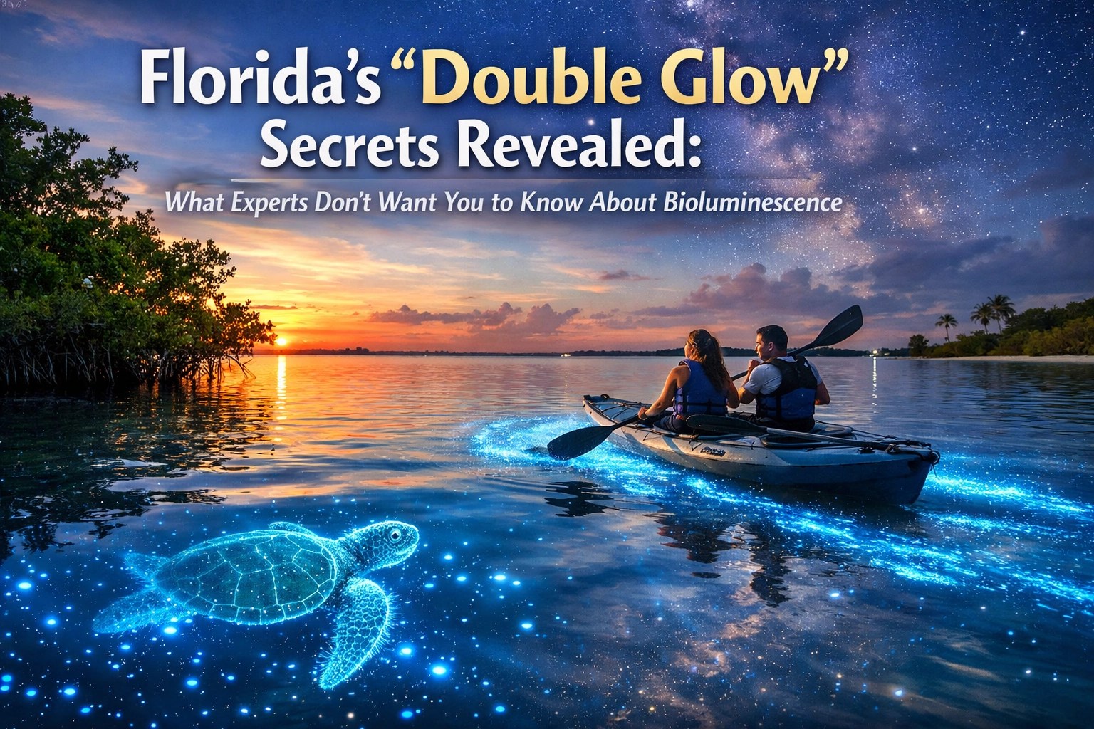 Couple kayaking in bioluminescent waters under a starry sky, with text about Florida's 'Double Glow' secrets.